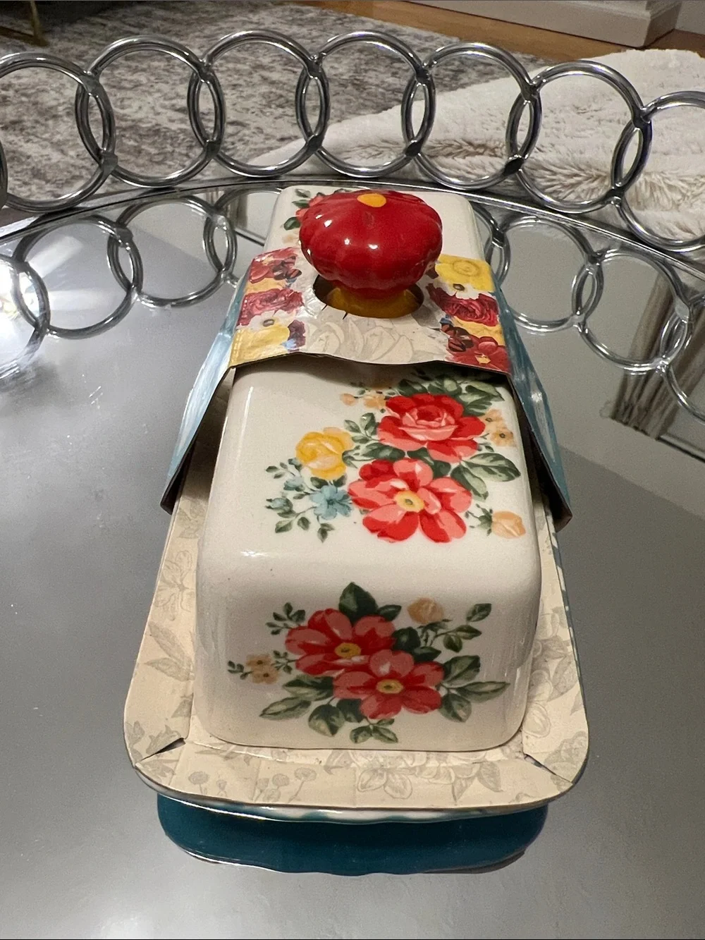 The Pioneer Woman Cream Floral Butter Dish with Red Knob